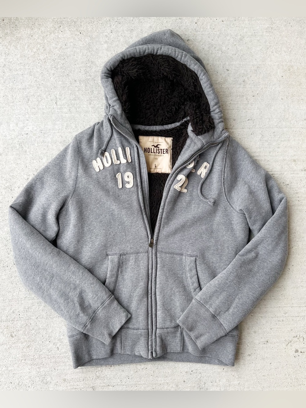 Vintage Y2K Hollister Fur Sherpa Lined Full-Zip Hoodie Heather Grey